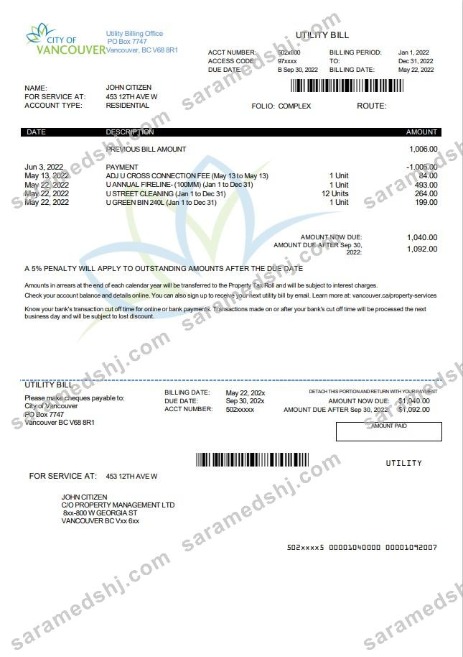 Canada British Columbia City of Vancouver utility bill template in Word and PDF format